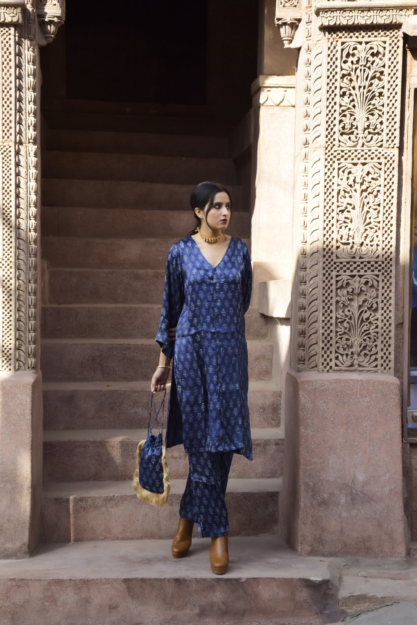 Indigo Block printed potli bag