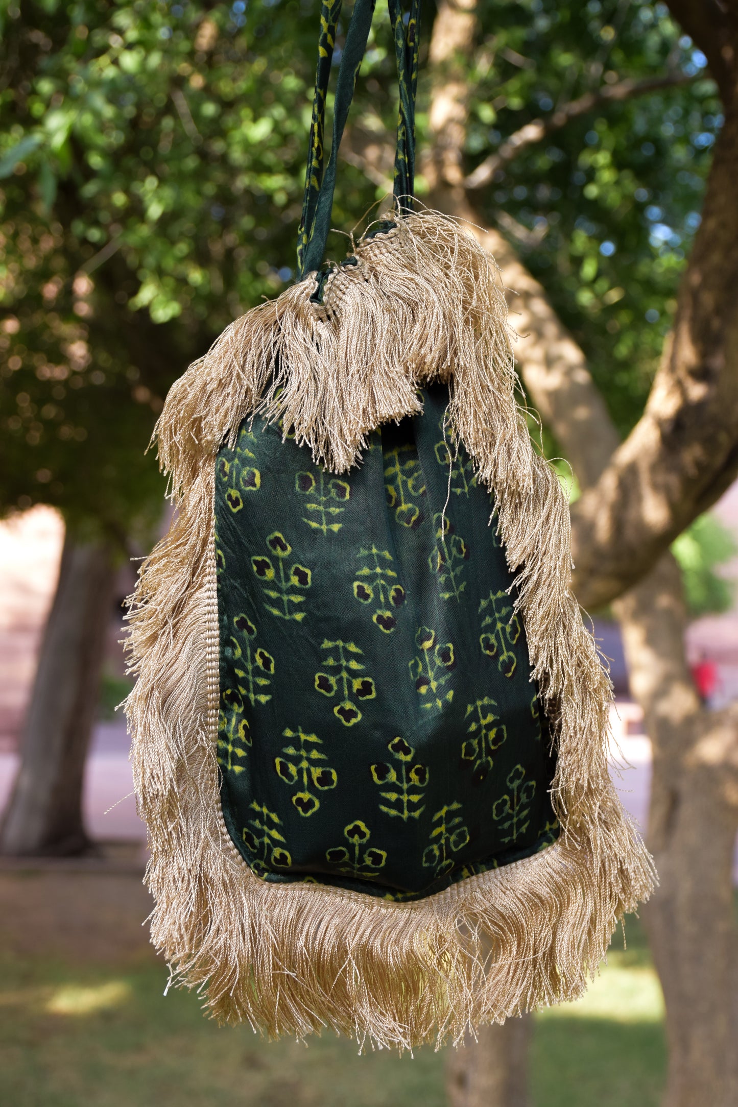 Green Block printed Potli Bag