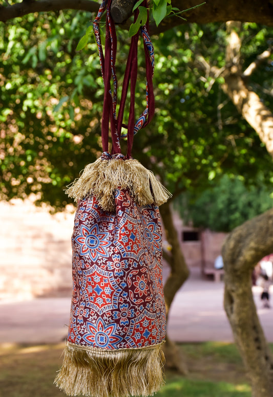 Maroon Handblock Printed Bucket Bag