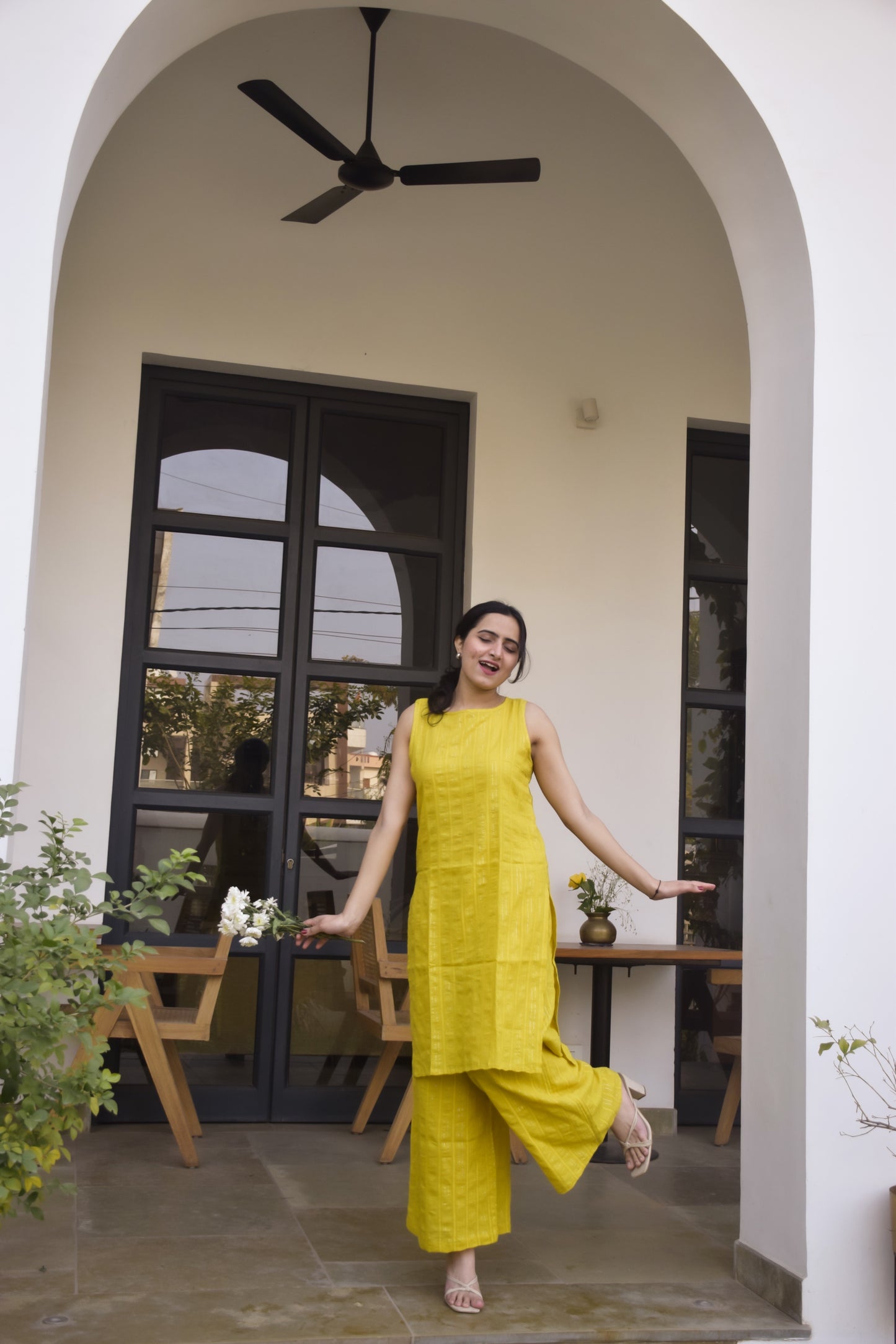 Yellow cotton party wear kurta set