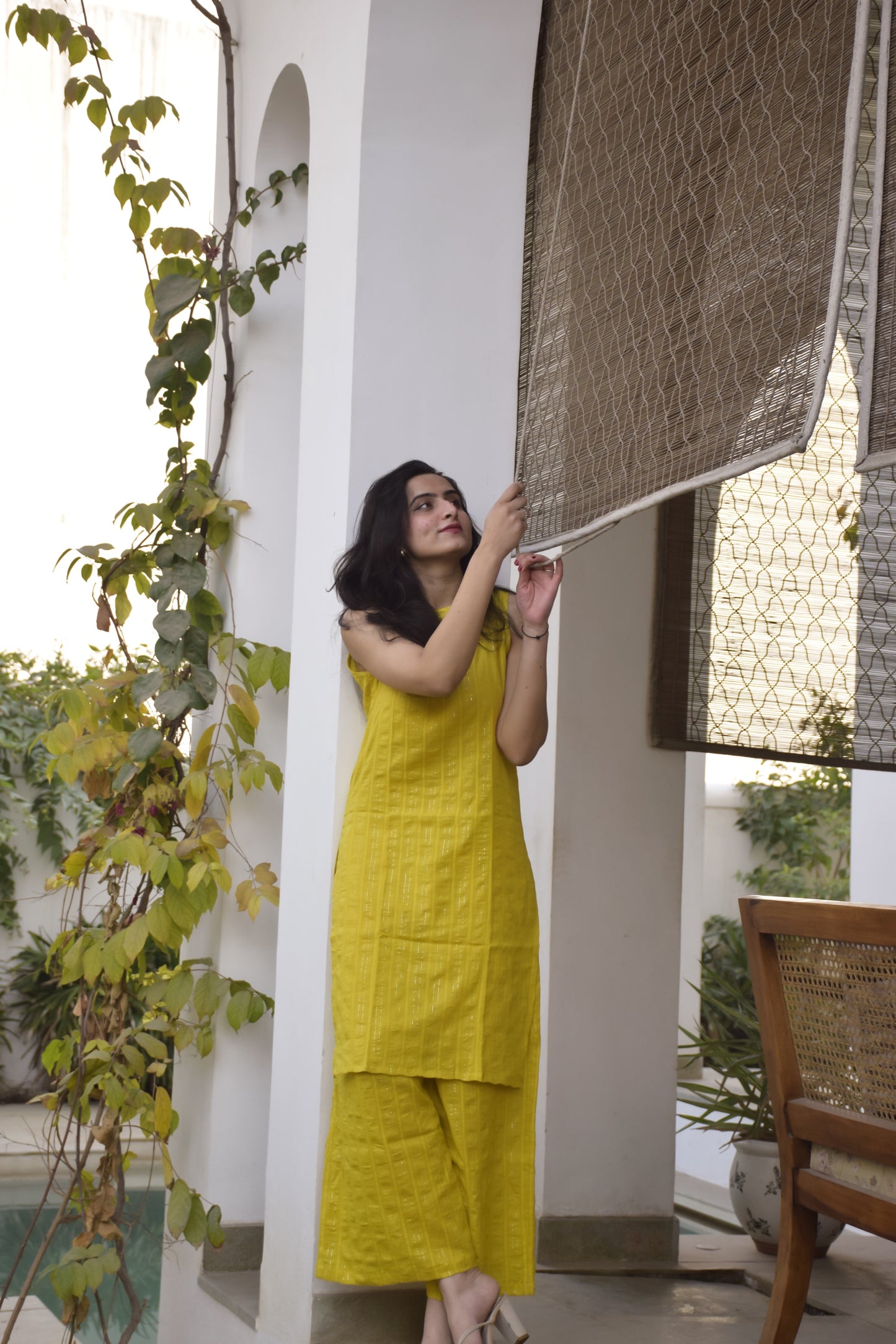 Yellow cotton party wear kurta set