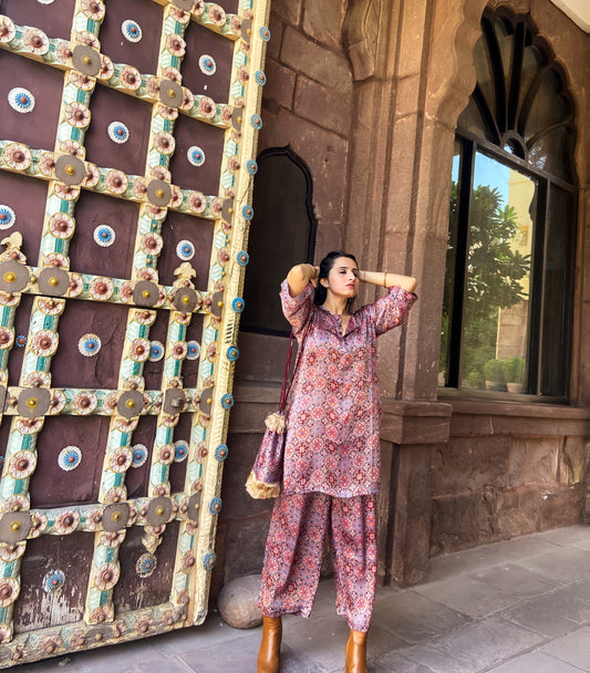 Maroon Hand Block Printed Kurta Set