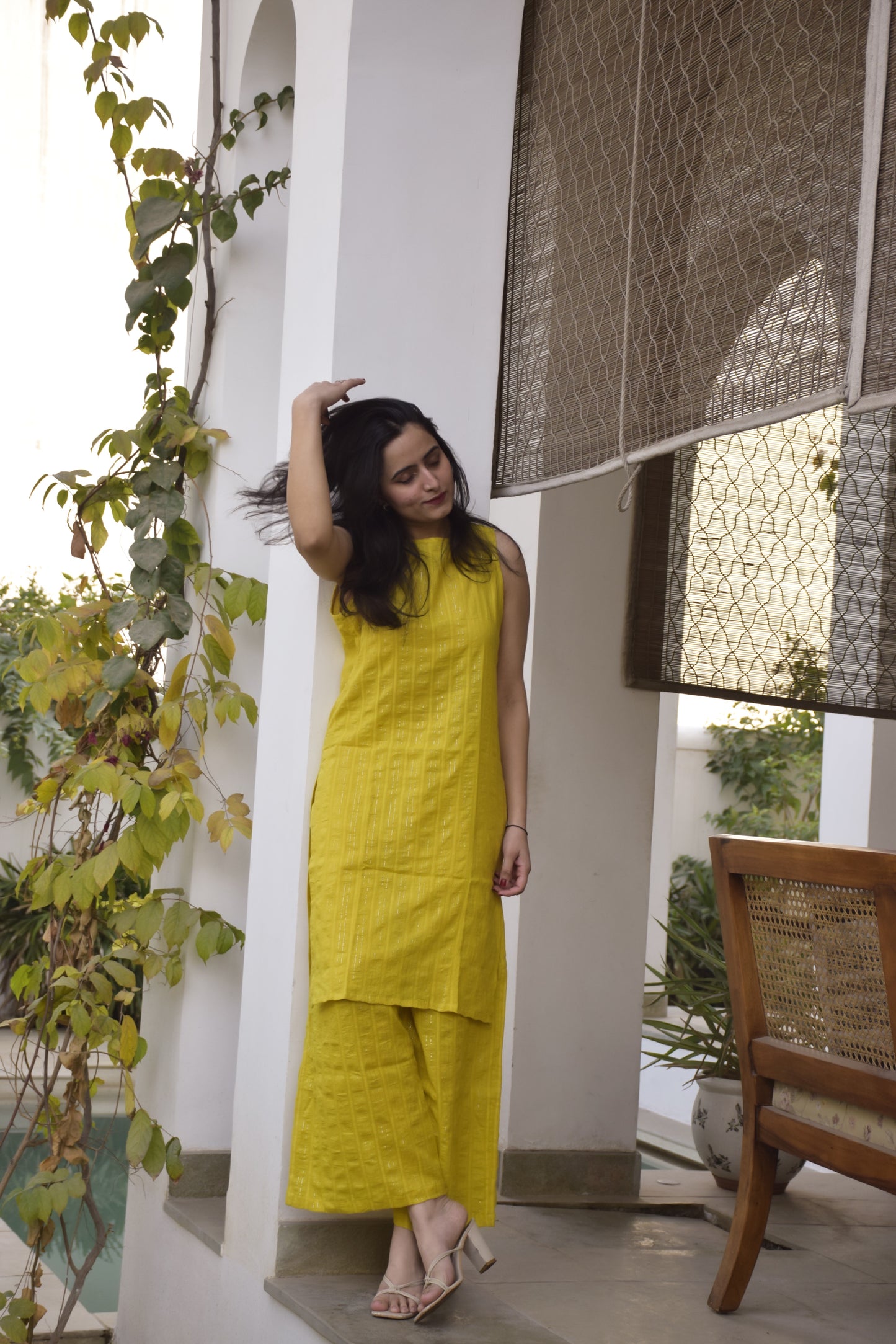 Yellow cotton party wear kurta set