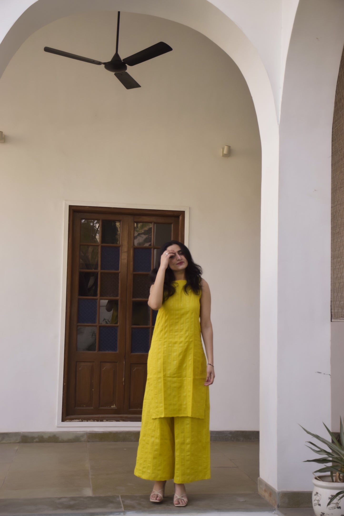 Yellow cotton party wear kurta set