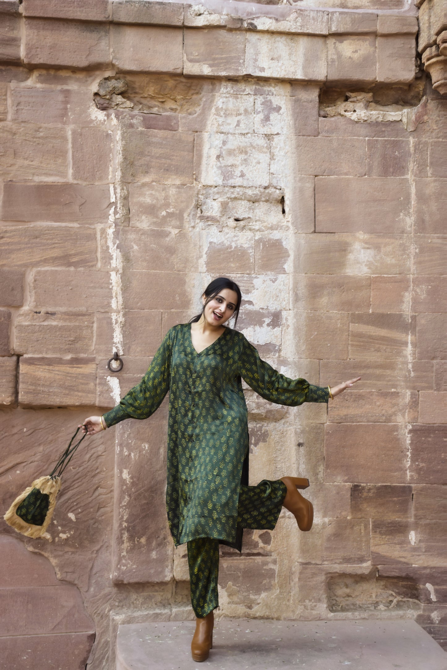 Green Block printed Potli Bag