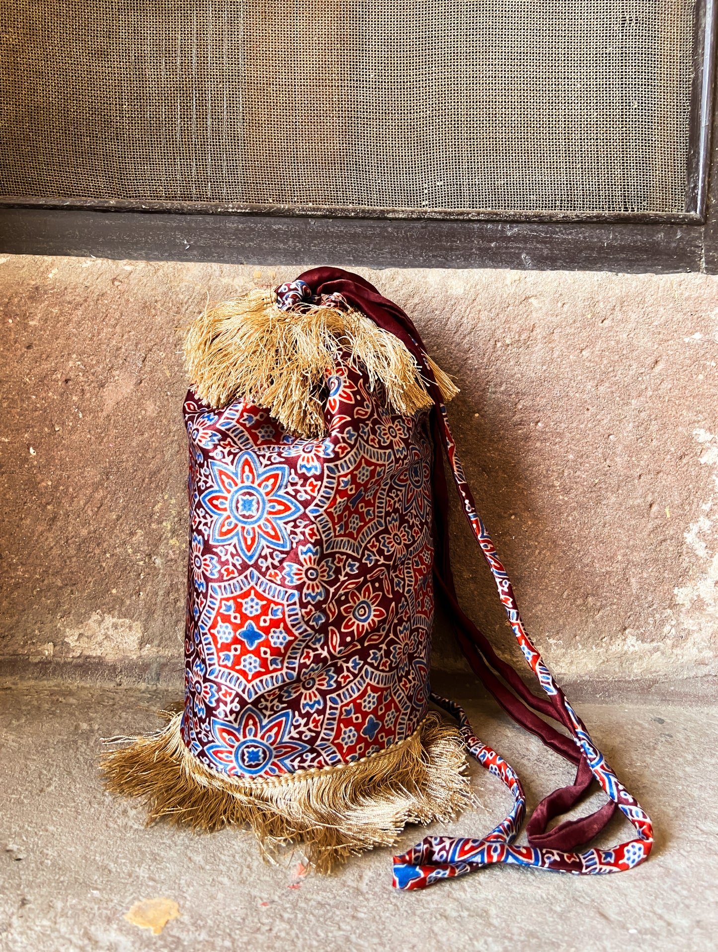 Maroon Handblock Printed Bucket Bag