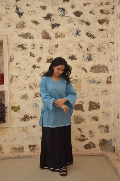 Neel Sky Blue & Black Dobby Kurta Set