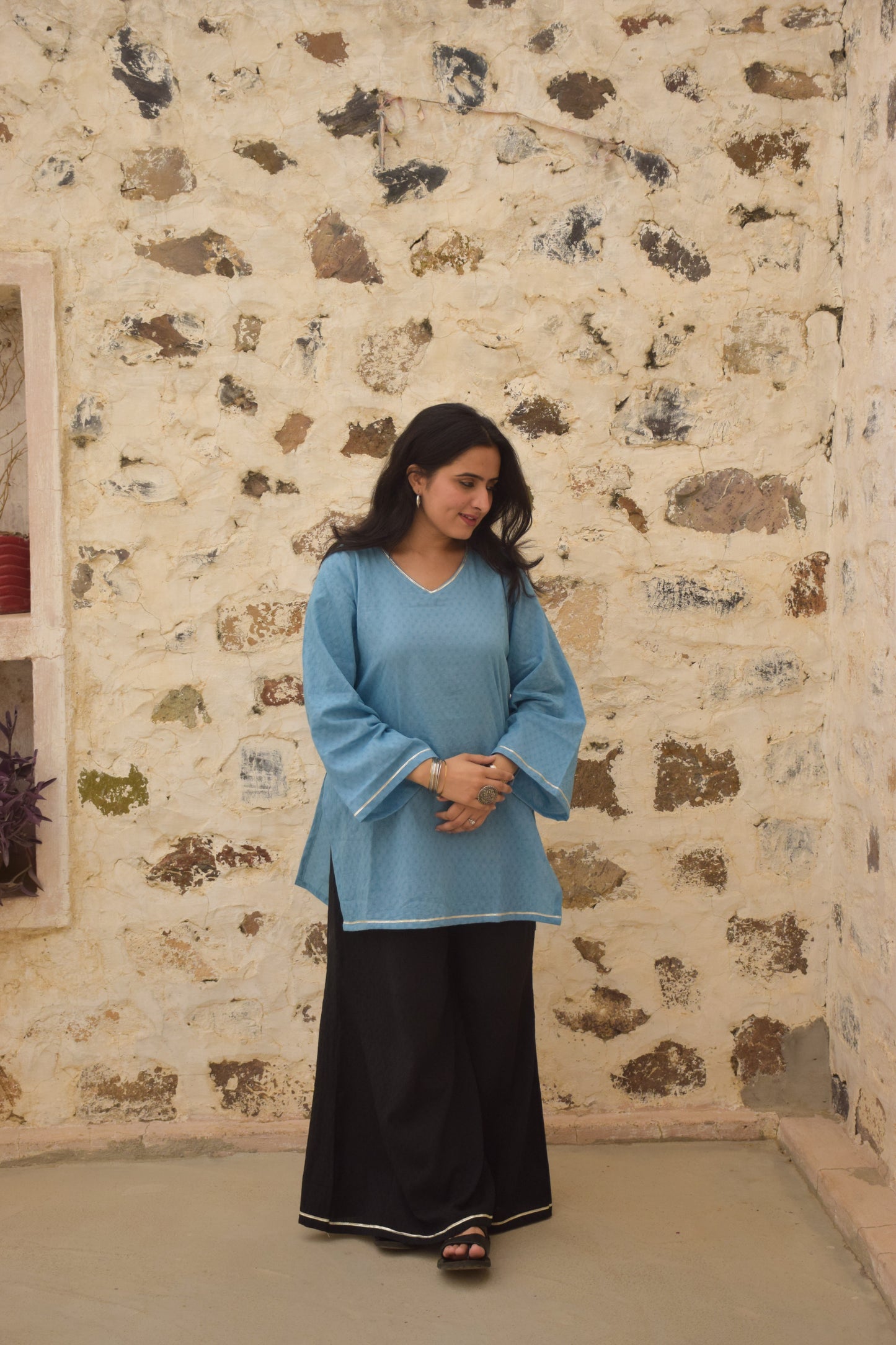 Neel Sky Blue & Black Dobby Kurta Set