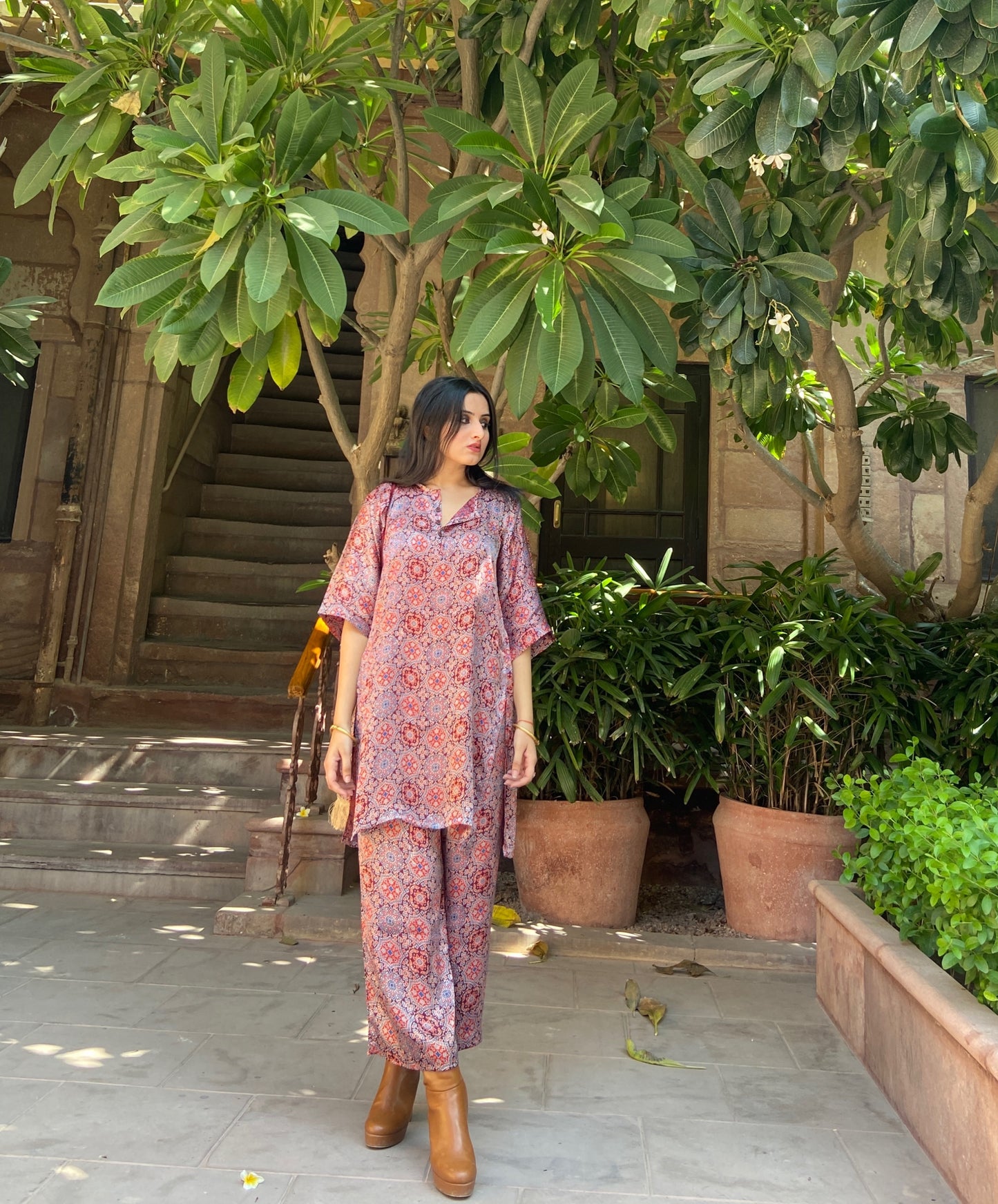 Maroon Hand Block Printed Kurta Set