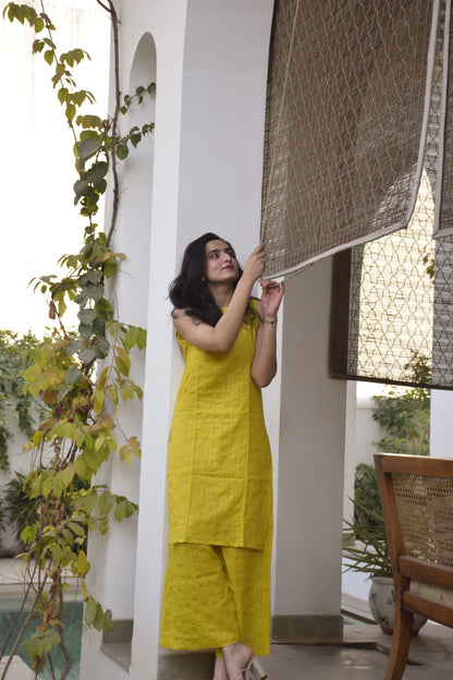 Yellow cotton party wear kurta set