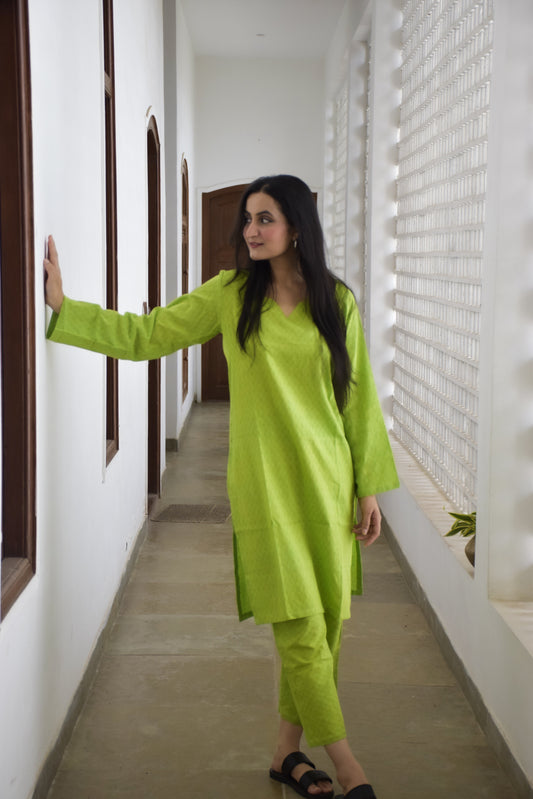 Parrot Green Cotton Kurta Set