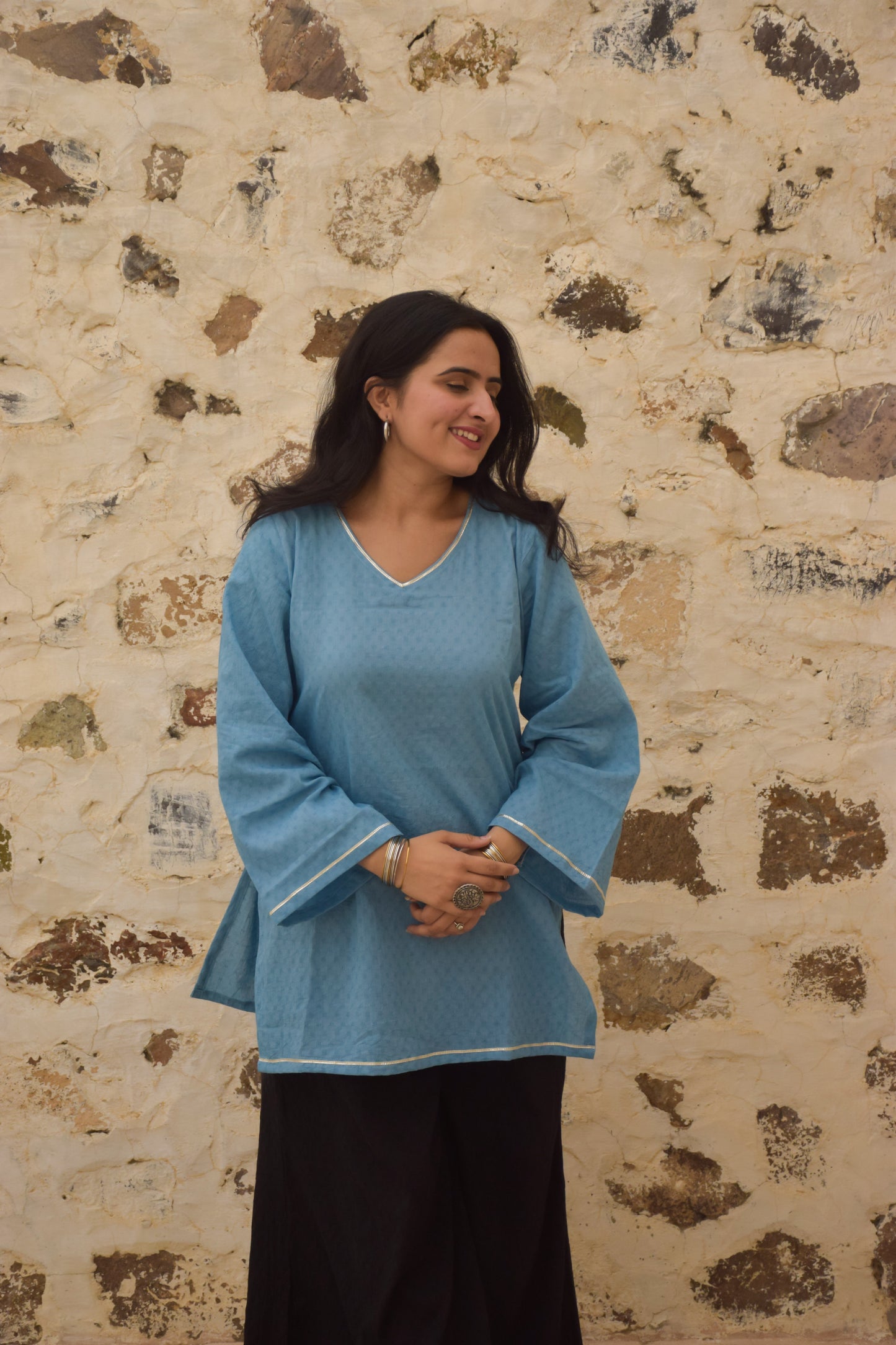Neel Sky Blue & Black Dobby Kurta Set