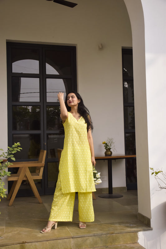 Butter Yellow Cotton Dobby Kurta Set