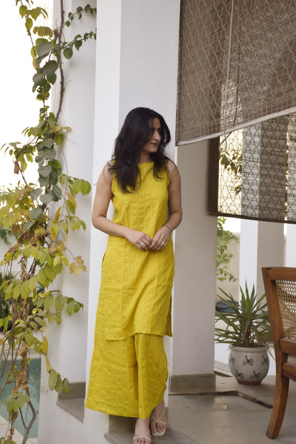 Yellow cotton party wear kurta set