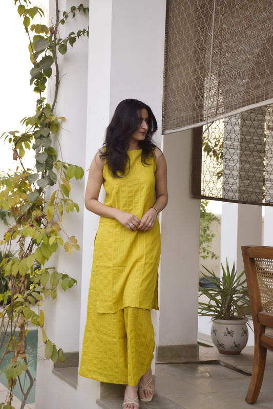 Yellow cotton party wear kurta set