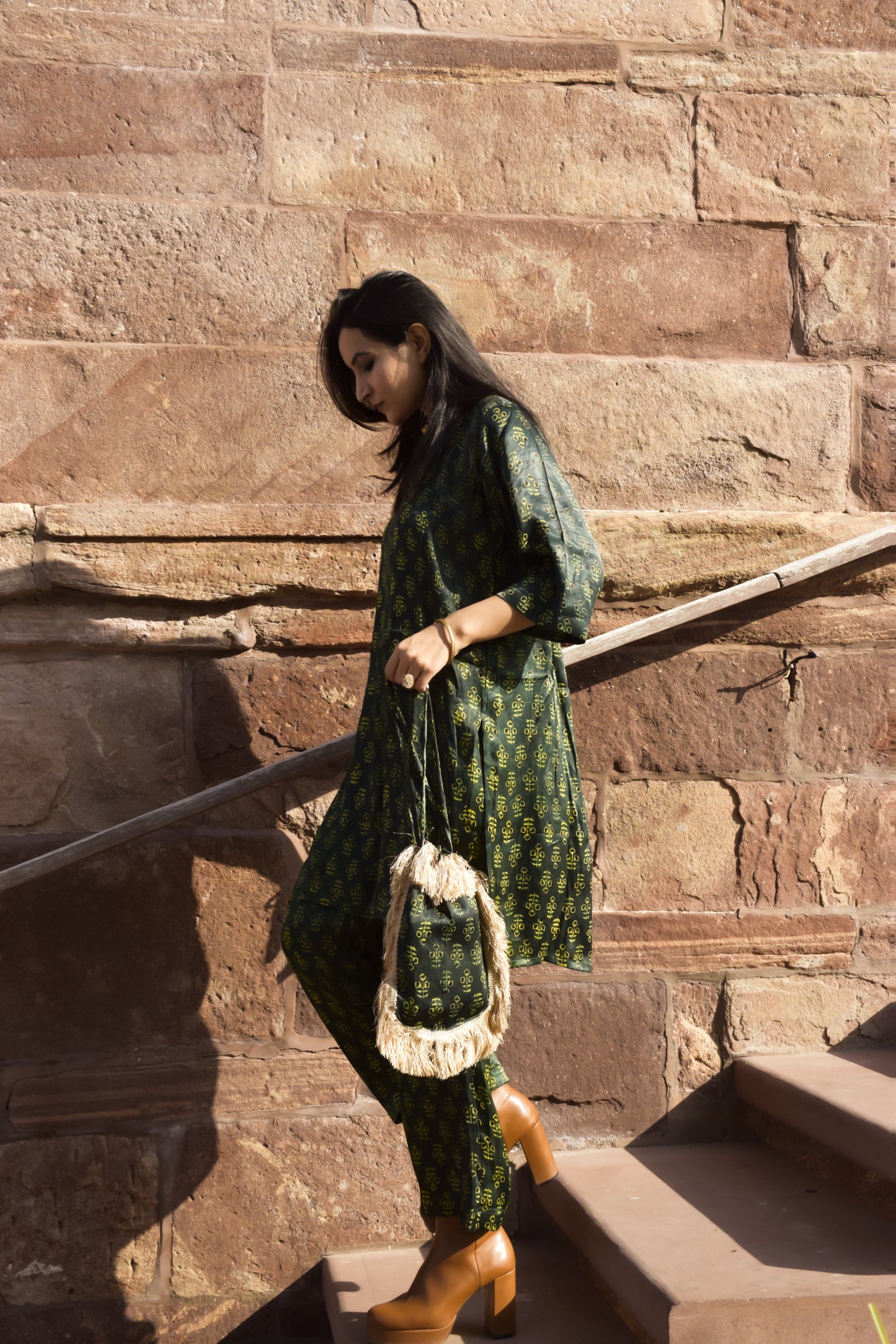 Green Block printed Potli Bag