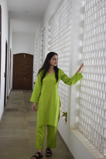 Parrot Green Cotton Kurta Set