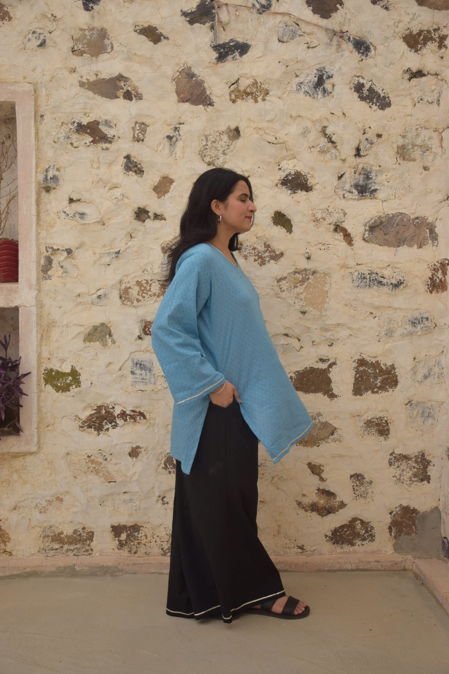 Neel Sky Blue & Black Dobby Kurta Set
