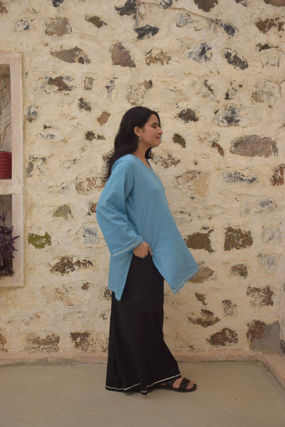 Neel Sky Blue & Black Dobby Kurta Set