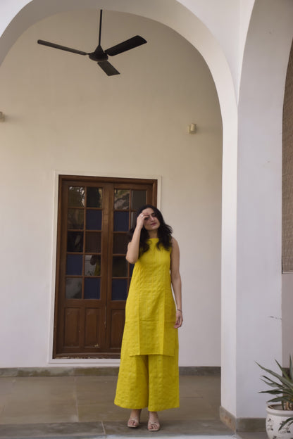 Yellow cotton party wear kurta set